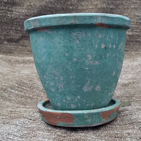 Crate and Barrel Distressed Terra Cotta Pot 4.5" with Saucer - Picture 1 of 6